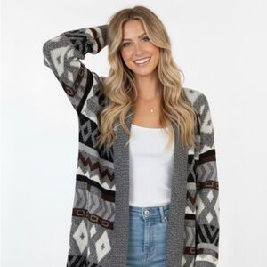 Vintage South Western Aztec Tribal Long Line Open Front Knit Cardigan Sweater